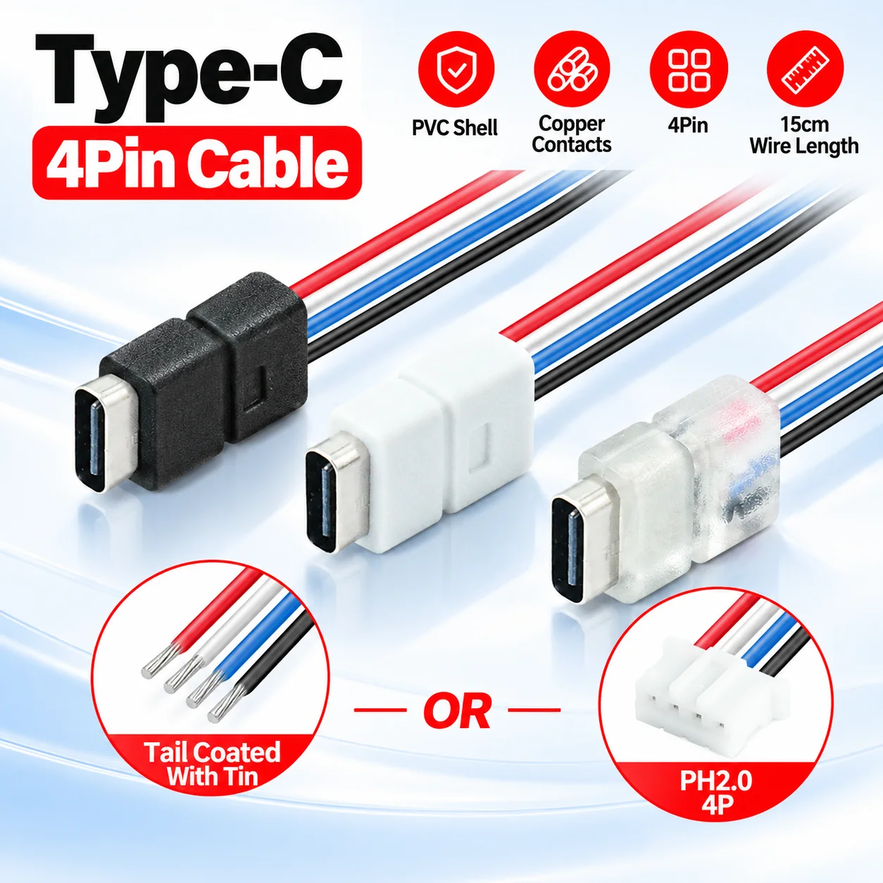 Type C 4Pin Cable 15cm PH2.0 Connector 5PCS 24AWG Wire For Power Supply DIY Electronics