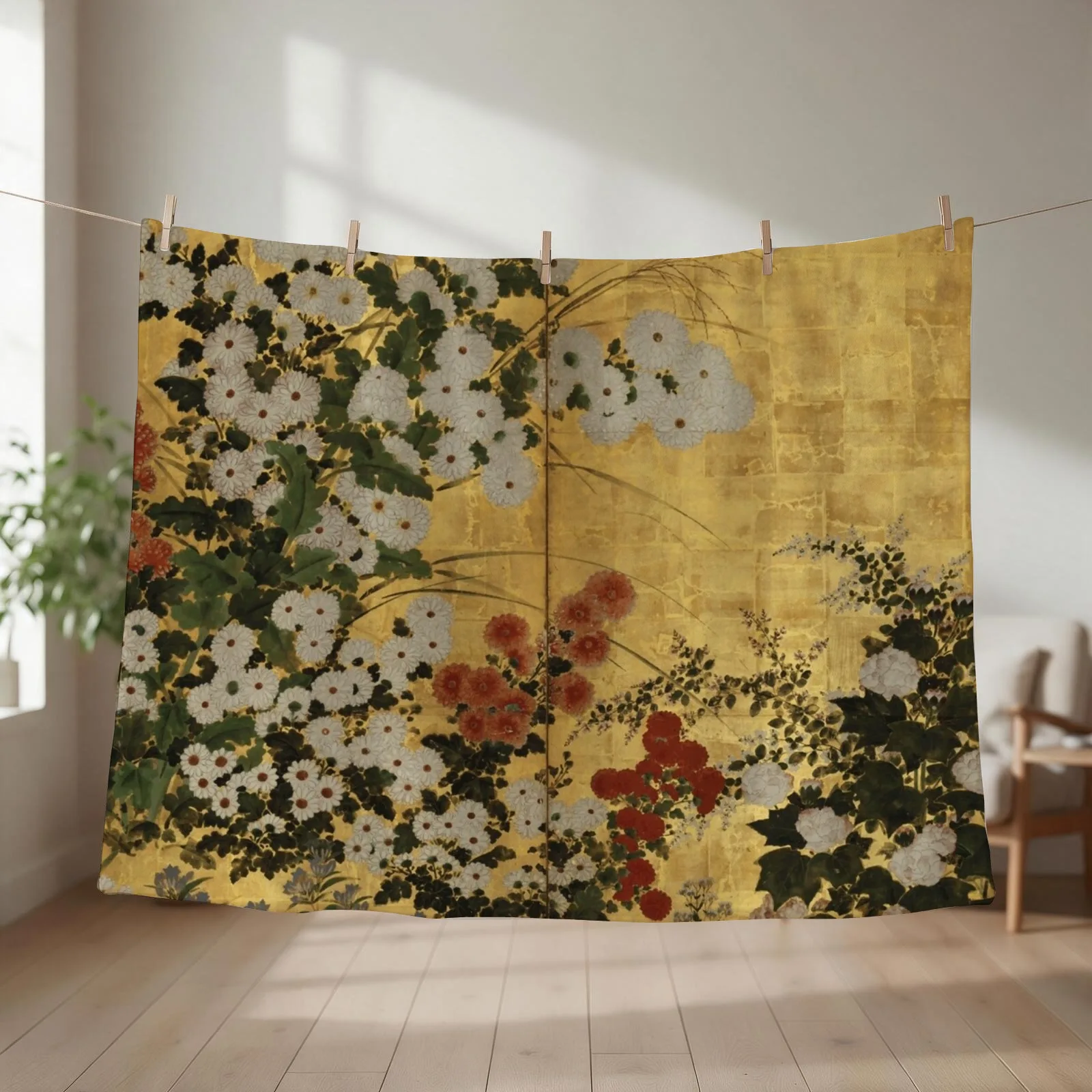 White Red Chrysanthemums Floral Japanese Gold Screen Print Throw Blanket couch cozy soft plush fuzzy picnic outdoor blanket