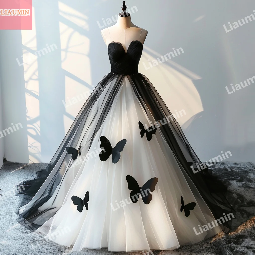 White Tulle Black Butterfly Strapless V Neck A Line Wedding Prom Dresses Bridal Ball Gowns Floor Length Customized W15-54.9