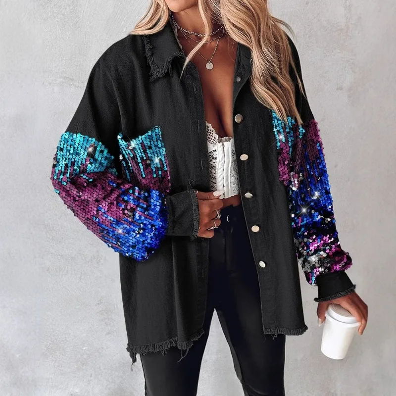 

This European and American sequin patchwork cardigan is fashionable, individual, comfortable and elegant retro