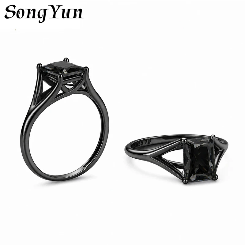 SONGYUN Moissanite Diamond Jewelry Womens S925 Sterling Silver Black Hollow 4 Prong Full Moissanite Solid Band Ring