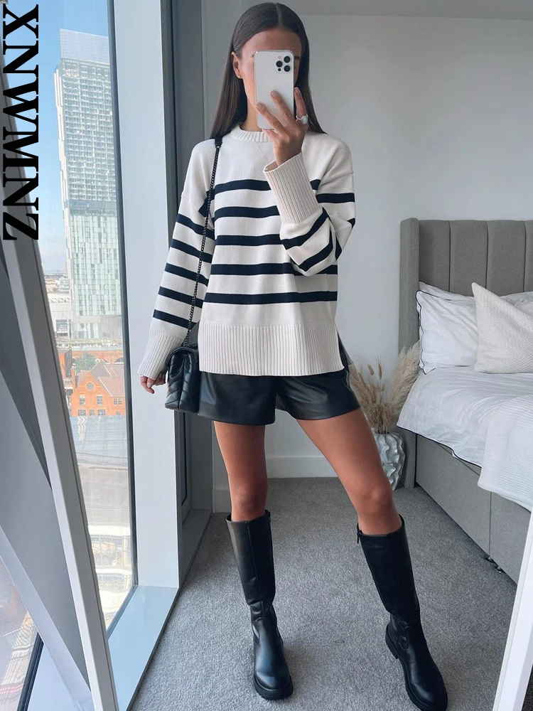 XNWMNZ Women\'s Fashion 2023 Autumn/Winter Stripe Sweater Women O Neck Long Sleeve Side Split Loose Versatile Female Pullover