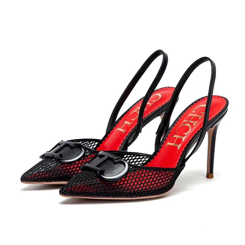 CHCH Women's High Heels 2025 Summer Breathable Mesh Black Business Sandals 9cm