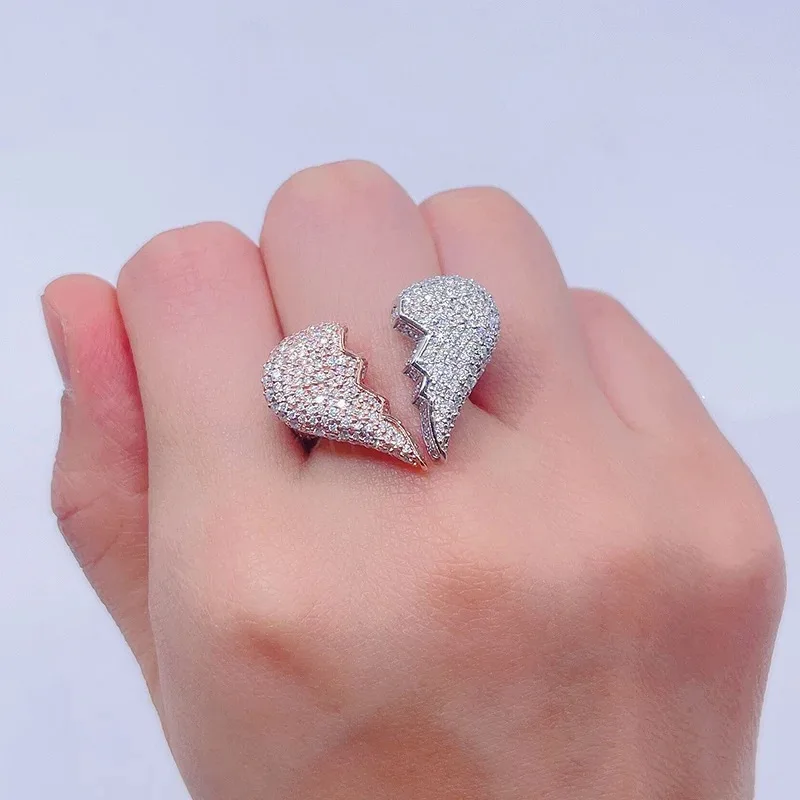 New Micro Pave Cz Broken Heart Ring Chunky Women Men Hip Hop Iced Out Jewelry Open Bubble Love 3D Finger Accessory Rapper Gift