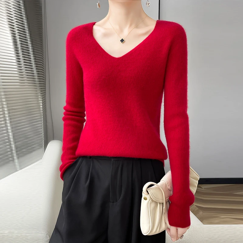 New 100% merino cashmere sweater in autumn and winter V-neck slim solid color sweater fashion knit bottoming shirt