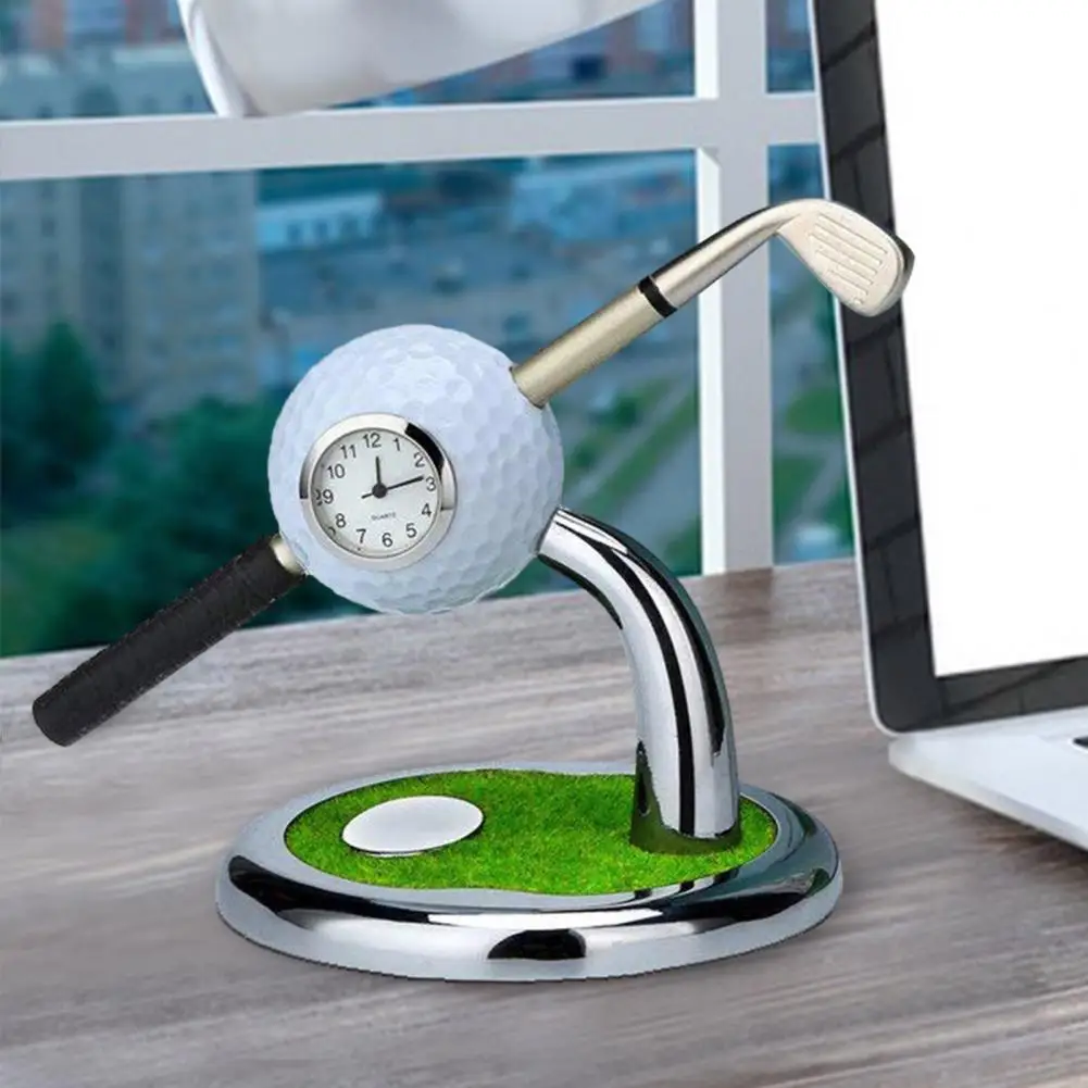 Home Office Desktop Ornament Golf Pen Holder Mini Desktop Golf Watch Pen Holder with Clock Smooth Writing Golf Ball Pen Home