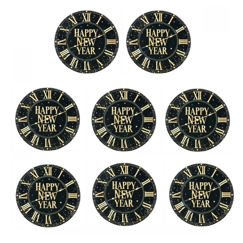 8 Round Placemats Made of Linen and Polyester Blend for Holiday Tables Featuring Festive for Black and Gold New Year Motif