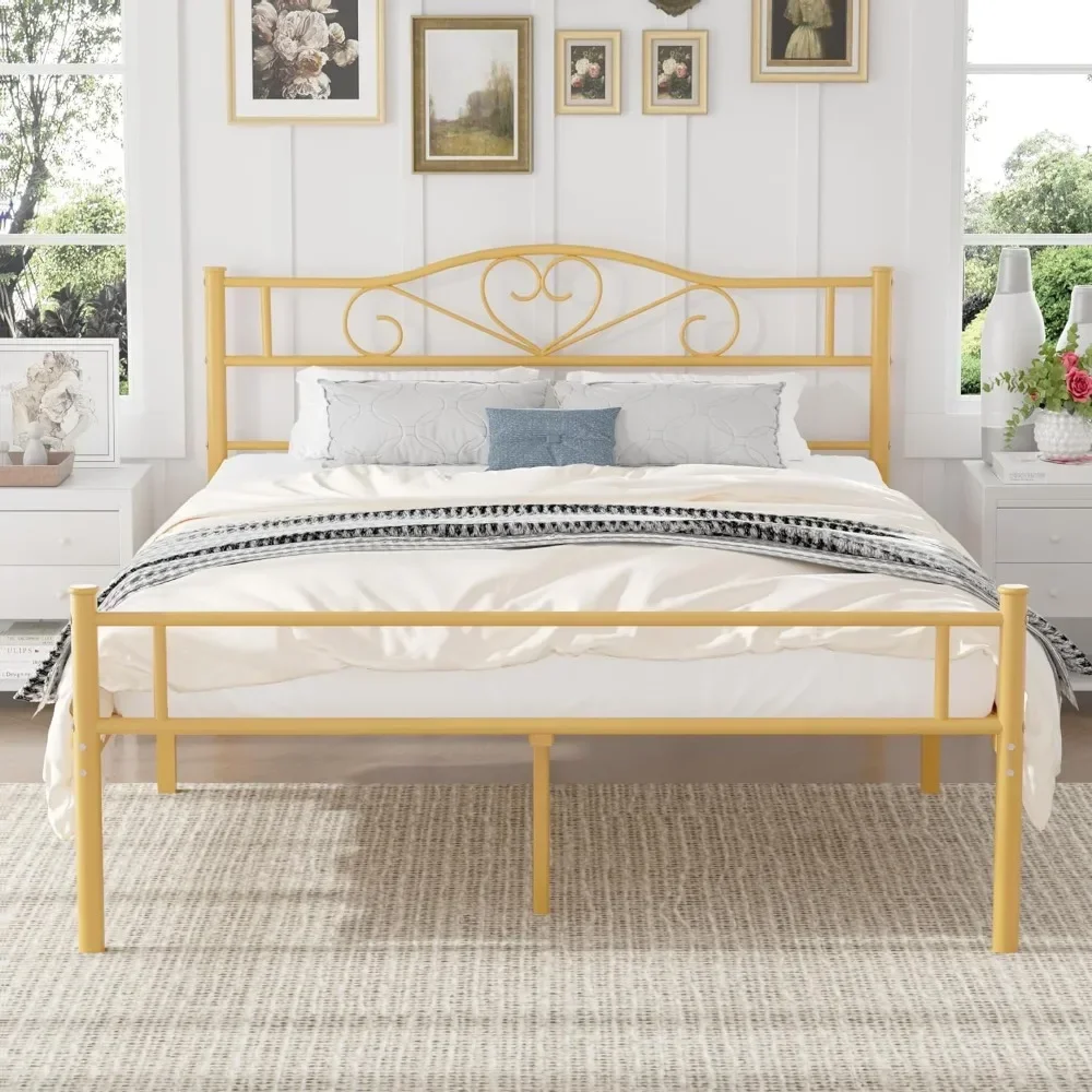 

Metal Platform Bed Frame with Headboard & Footboard, Steel Slats Mattress Foundation, No Box Spring Needed, Queen, Gold