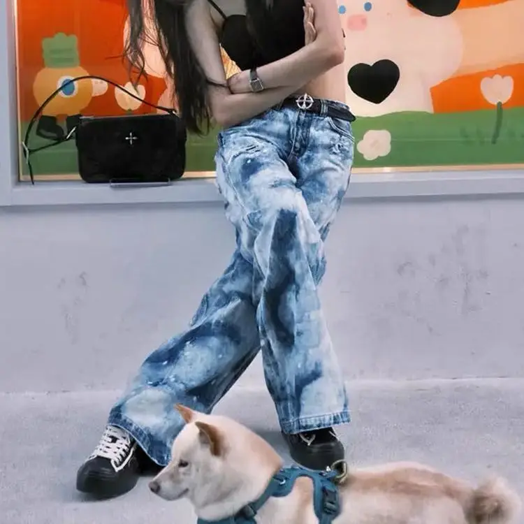 American Camouflage Wide-Leg Ripped Jeans Women'S Summer New Design High-Waist Jeans Loose Straight Trousers