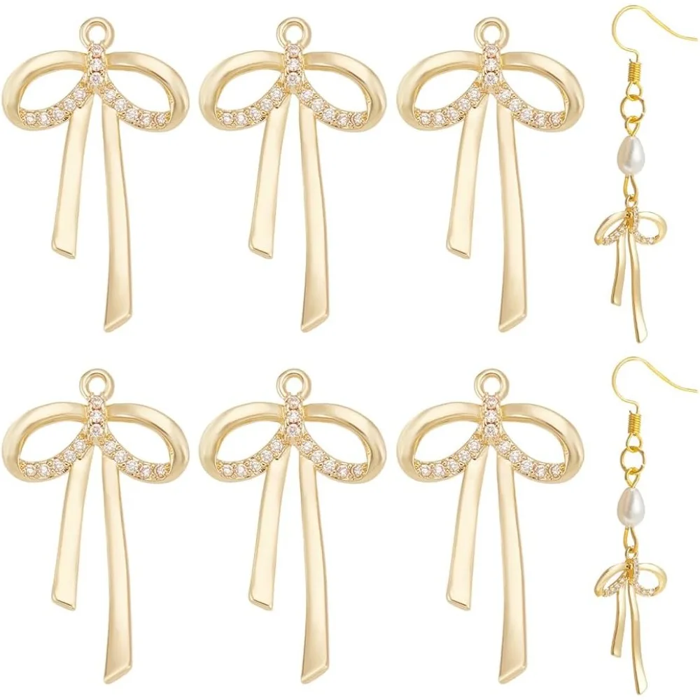 8Pcs Real 14K Brass Bowknot Charms 1.1x0.6x0.1Inch Micro Pave Clear Cubic Zirconia Pendants Bow Dangle Connecter Charms for DIY