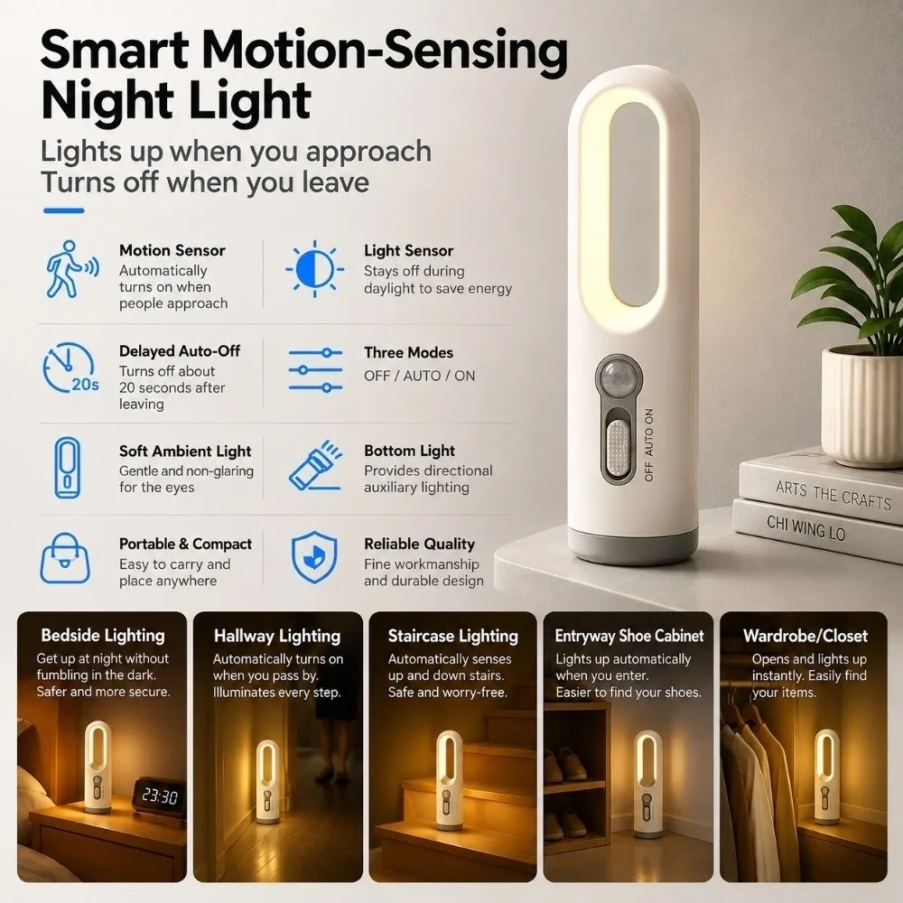 USB Rechargeable Motion Sensor Night Light Multifunctional 2 Modes Portable LED Light Flashlight Soft Lighting Bright Floodlight