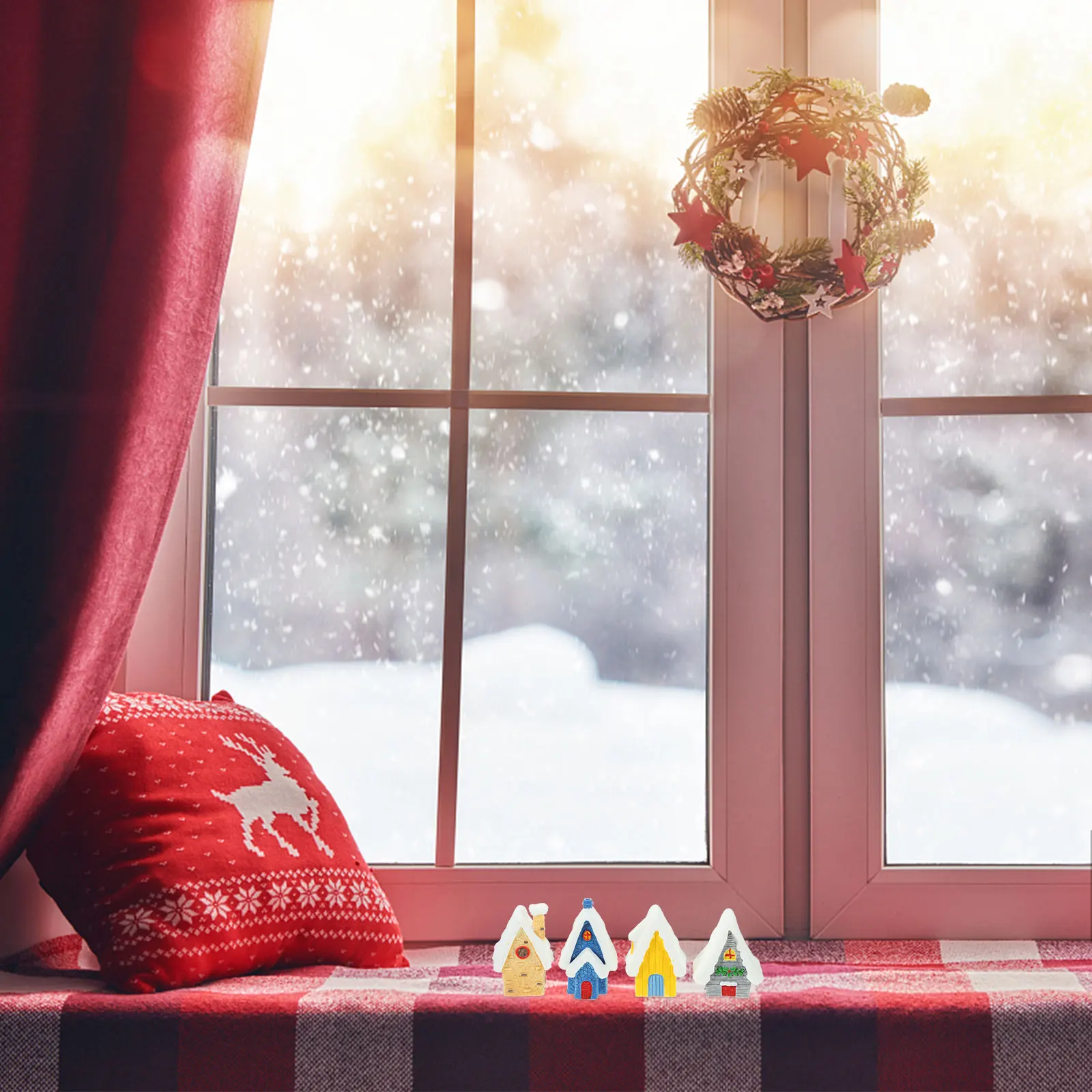 

4Pcs Xmas Village Decor Resin Miniature Christmas Landscape Home Decoration Set Christmas Village Mini Decor