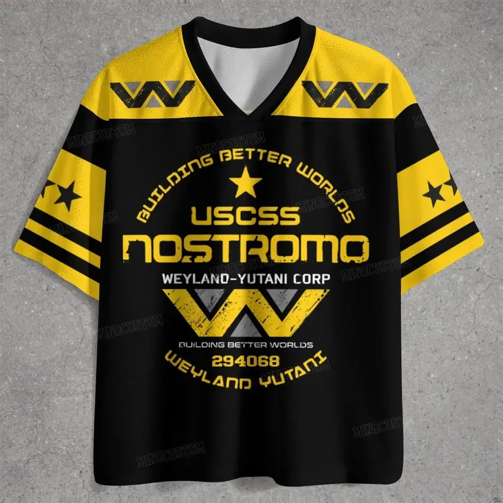 Unisex Sci Fi Nostromo Mesh Jersey T Shirt, Vintage Space Exploration Graphic V Neck Short Sleeve Oversized Streetwear