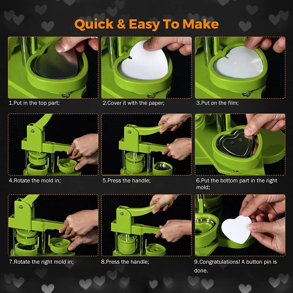 57MM Heart-Shape Badge Button Maker Machine with 100 Button Parts+Cutting Board+Mold, DIY Pin Button Press Badges Maker Machine 6