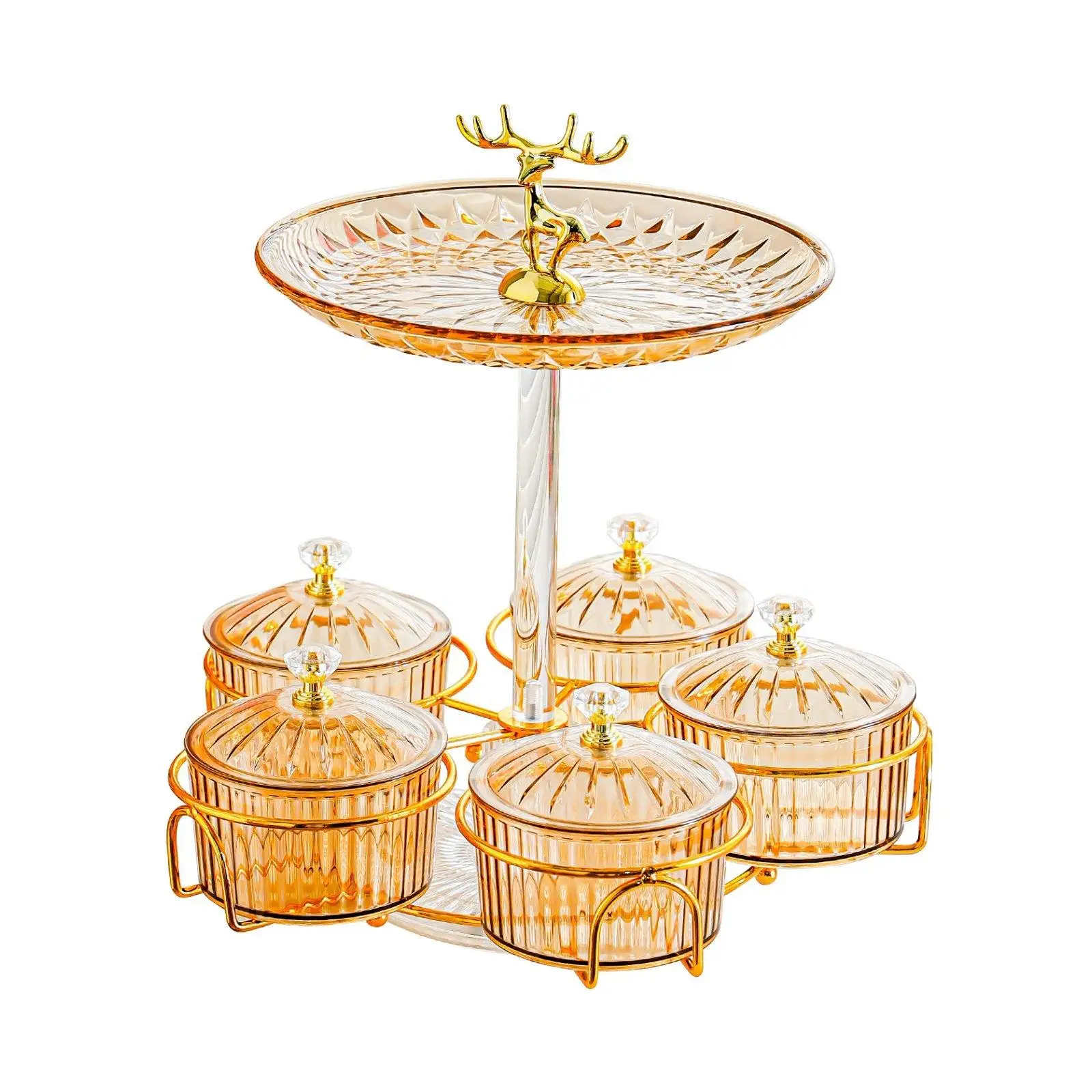 Two Tier Rotating Serving Tray with Clear Lids for Snacks Sweets Cupcakes Luxury Decorative Tray for Dining Table