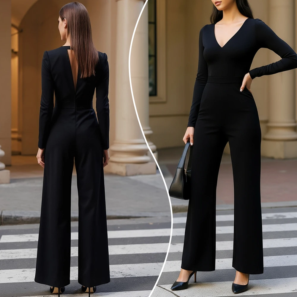 

Women's Autumn Black V-Neck Long Sleeve Straight Leg Jumpsuit,Suitable for Evening Party, Business Events or Daily Life Outfit