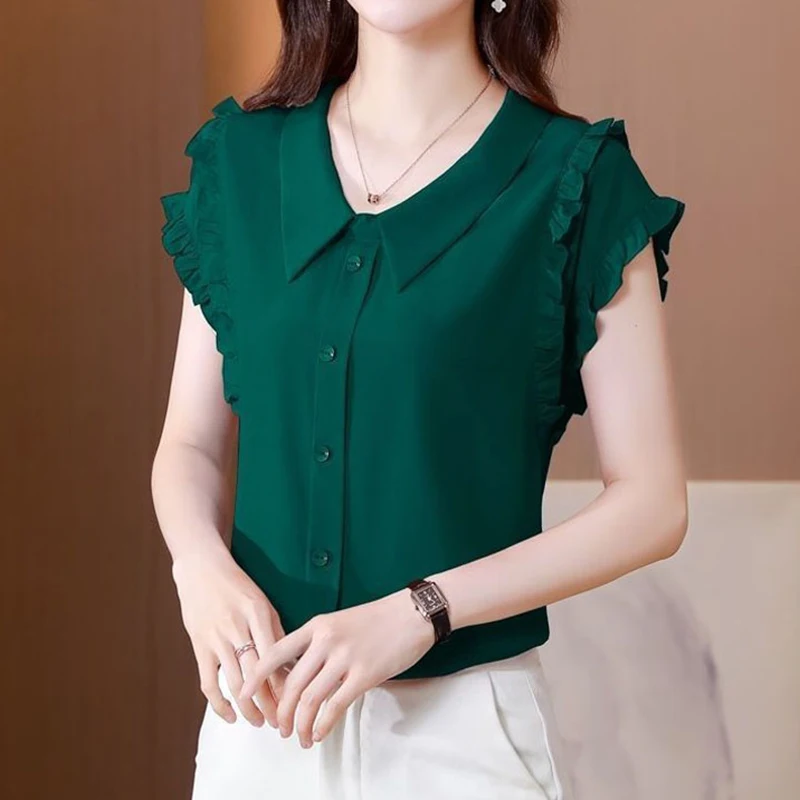 Elegant Fashion Solid Ruffles Button Shirt Summer 2024 New Peter Pan Collar Short Sleeve Slim Pullovers Blouse Women\'s Clothing