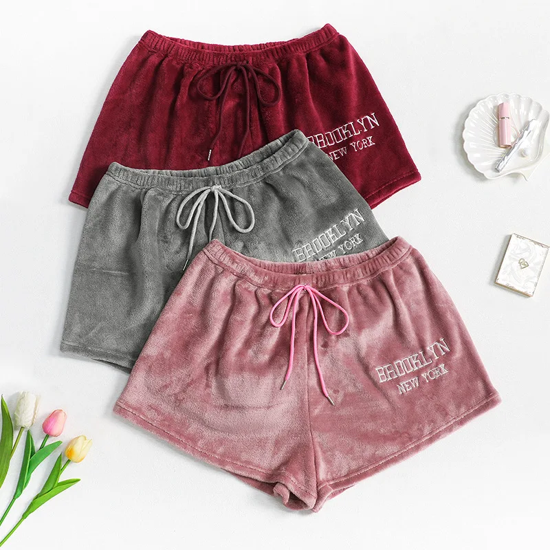 

Autumn Winter Thickened Flannel Sleepwear Bottom Shorts 3PCS Sets Letter Printed XL Plus Size Elastic Waist Drawstring Pants Set