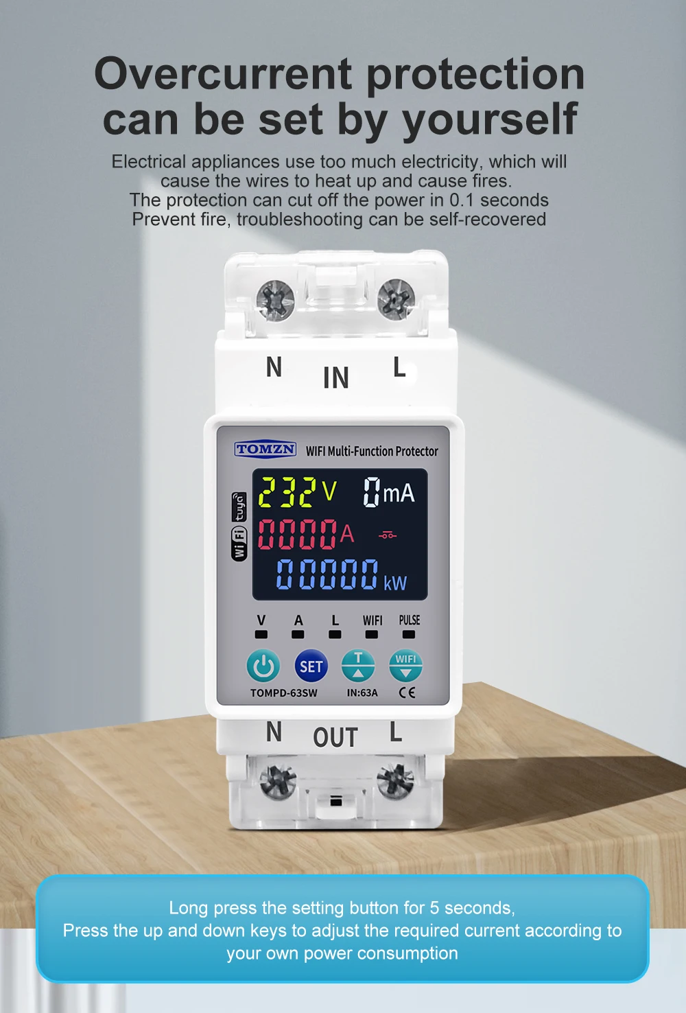 TOMZN 2P 63A 110V 220V Smart Life WLAN-Schalter mit kWh-Messung, Leistungsschalter mit Timer, Spannungs-, Strom- und Leckageschutz – Detail 5