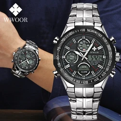 WWOOR-reloj deportivo de lujo para hombre, cronógrafo de pulsera de cuarzo con doble pantalla, correa de acero, resistente al agua