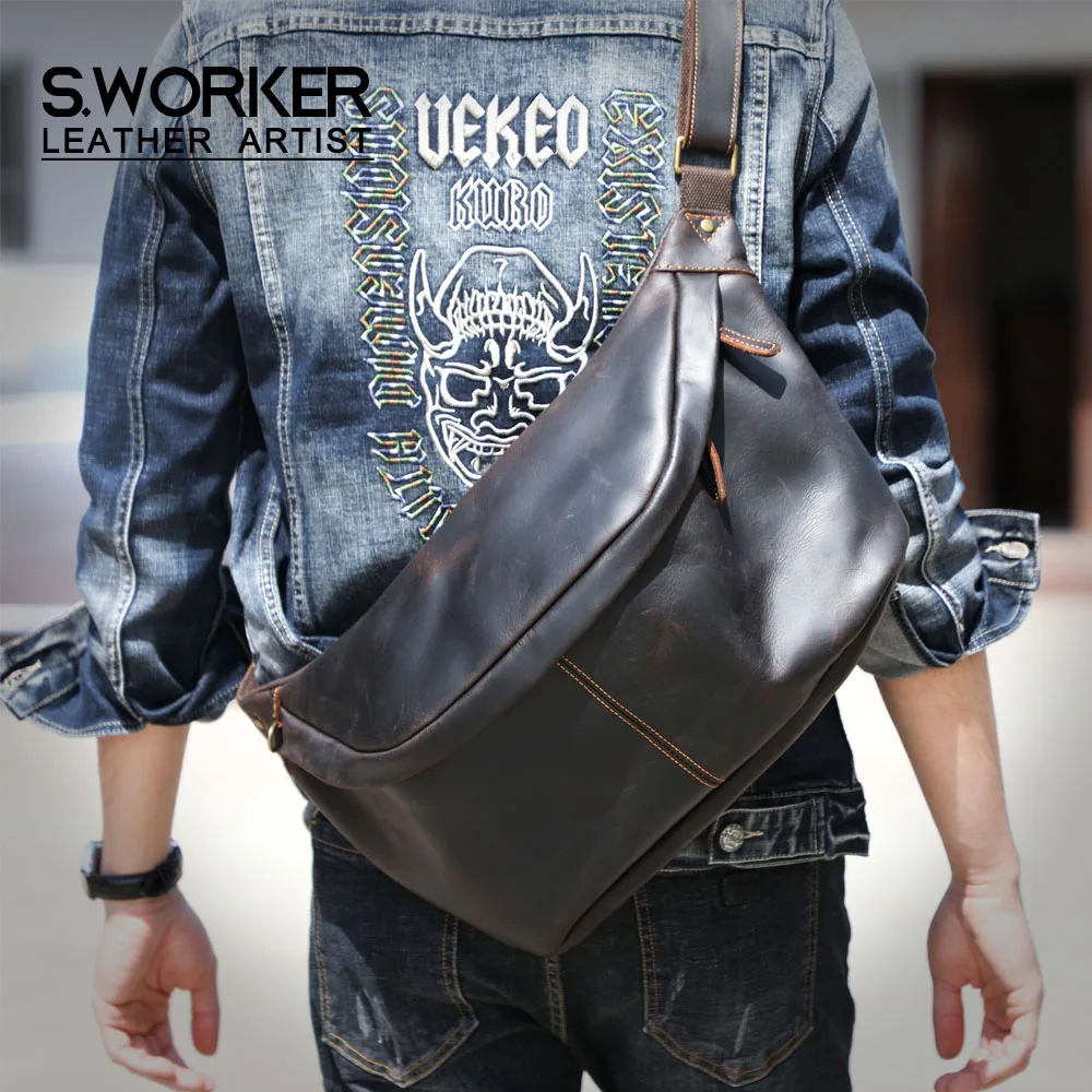 S.worker Vintage-Umhängetasche aus echtem Leder für Herren, große Kapazität, Brusttasche aus Vollnarbenleder, 14-Zoll-Crossbody-Tagesrucksack – Detail 2