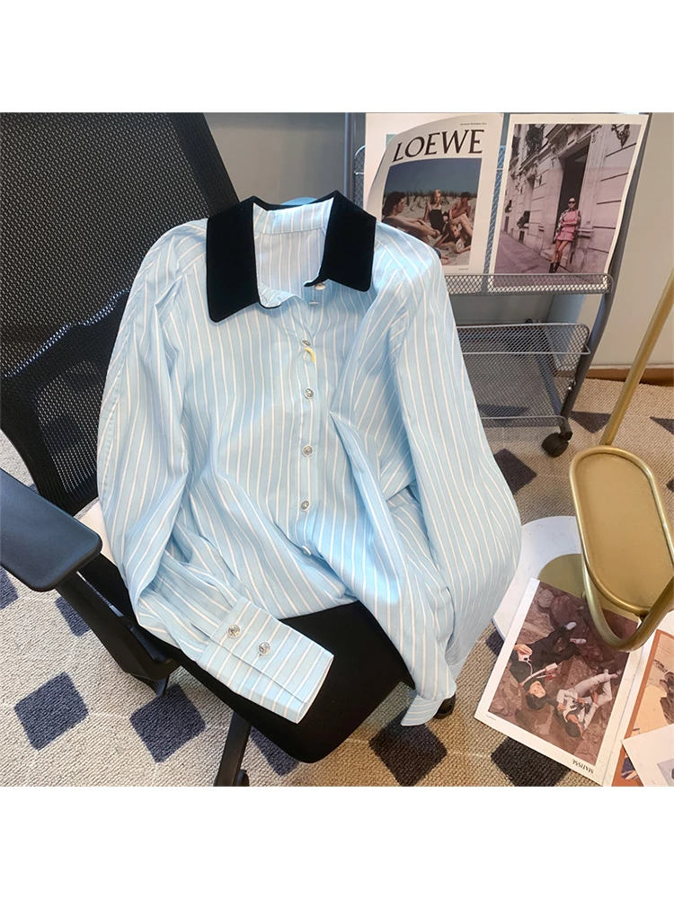 Autumn Women Korean Vintage Striped Long Sleeve Shirts Contrast Color Blouses 2000s Aesthetic Stylish Old Money Design Mori Girl