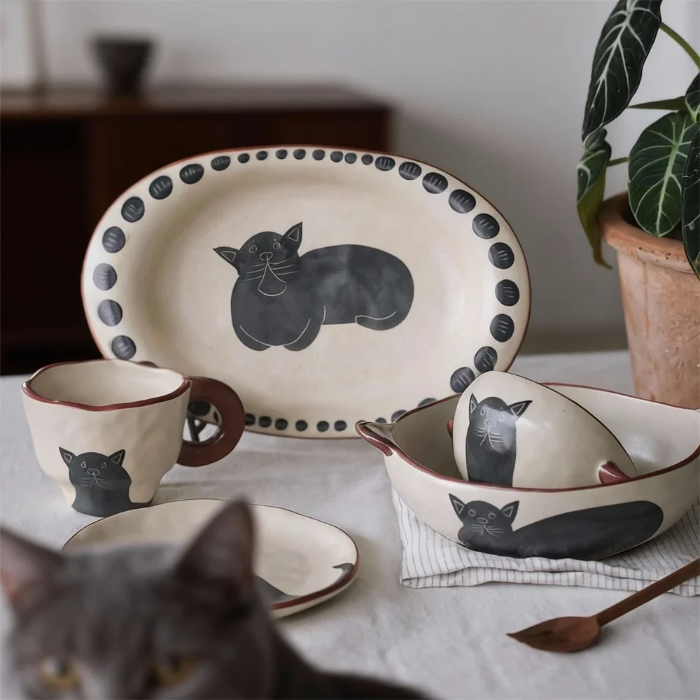 Matte Ceramic Tableware Fish Oval Dessert Kitchen Accessories Spaghetti Pizza Cartoon Cat Printed Cup And Saucer Plate Tableware