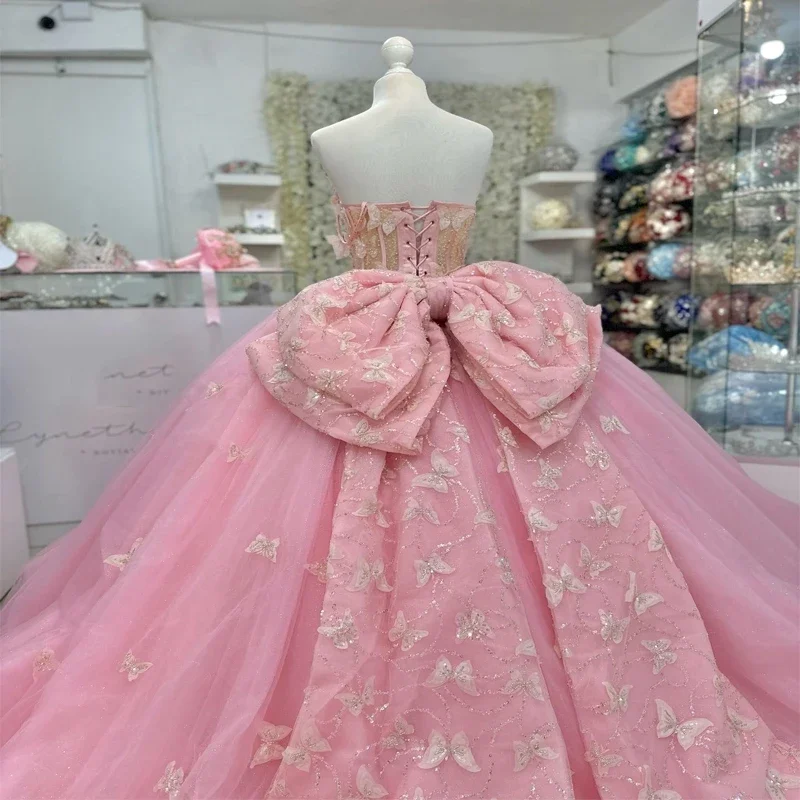 Rosa cinta de espaguete mexicano meninas quinceanera vestidos 3d borboleta tule doce 16 vestidos de festa de aniversário vestidos de 15 anos