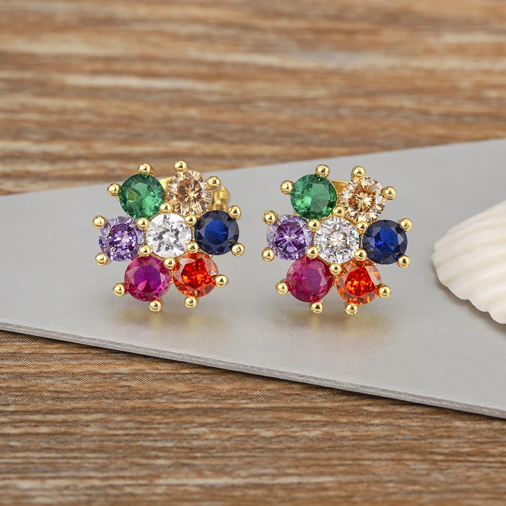 AIBEF Bohemian Flower Shape Stud Earrings Copper Zircon Colorful Rhinestone Women Jewelry Accessory Gift Wholesale Dropshipping