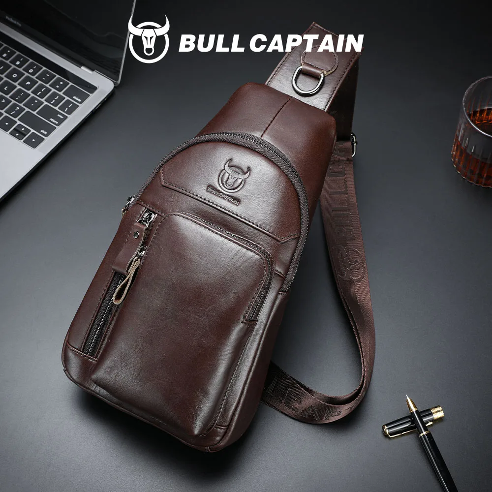 BULLCAPTAIN Men's Genuine Leather Casual Business Chest Bag Multifunctional Large Capacity Shoulder Crossbody Mobile Phone Bag