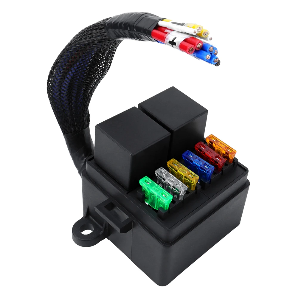 

Waterproof Pre-Wired Fuse Relay Box, 2 Relay Slots + 6 ATC/ATO Fuse Holders, 2 4Pin 80A Relays & 6 Fuses for Car Truck Boat RV ﻿