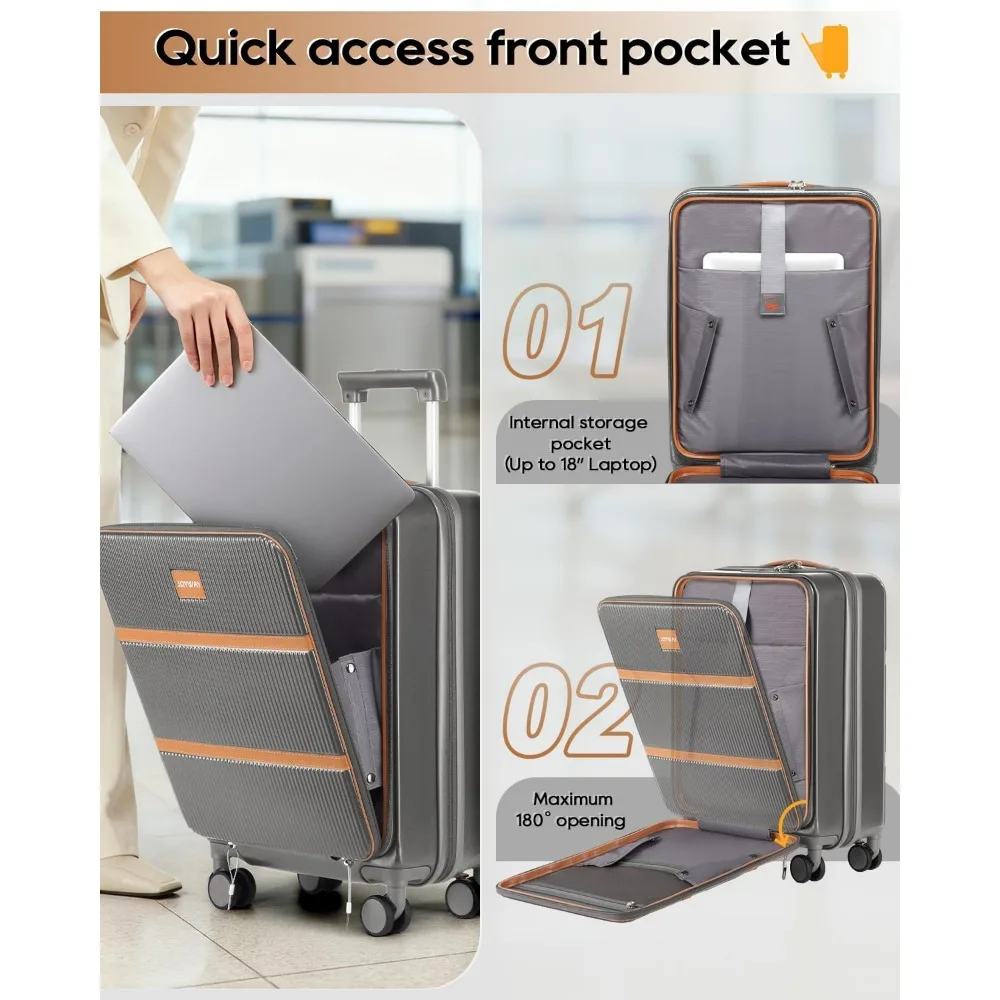 Equipaje de mano de carcasa dura de 20 pulgadas aprobado por aerolínea con bolsillo frontal y portavasos, maleta de viaje para una fácil movilidad