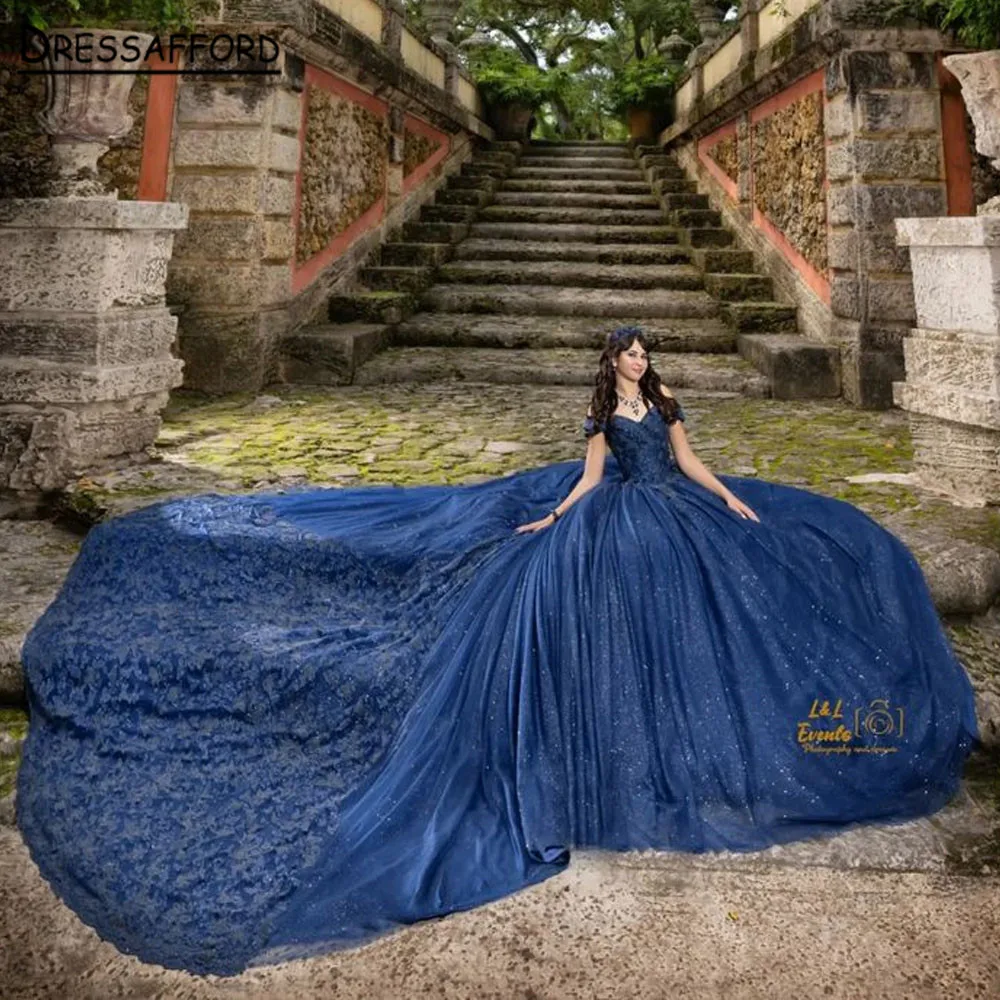 Luxious Royal Blue Appliques Off The Shoulder Quinceanera abiti ragazze Ball Gown Sweet 16 abiti compleanno