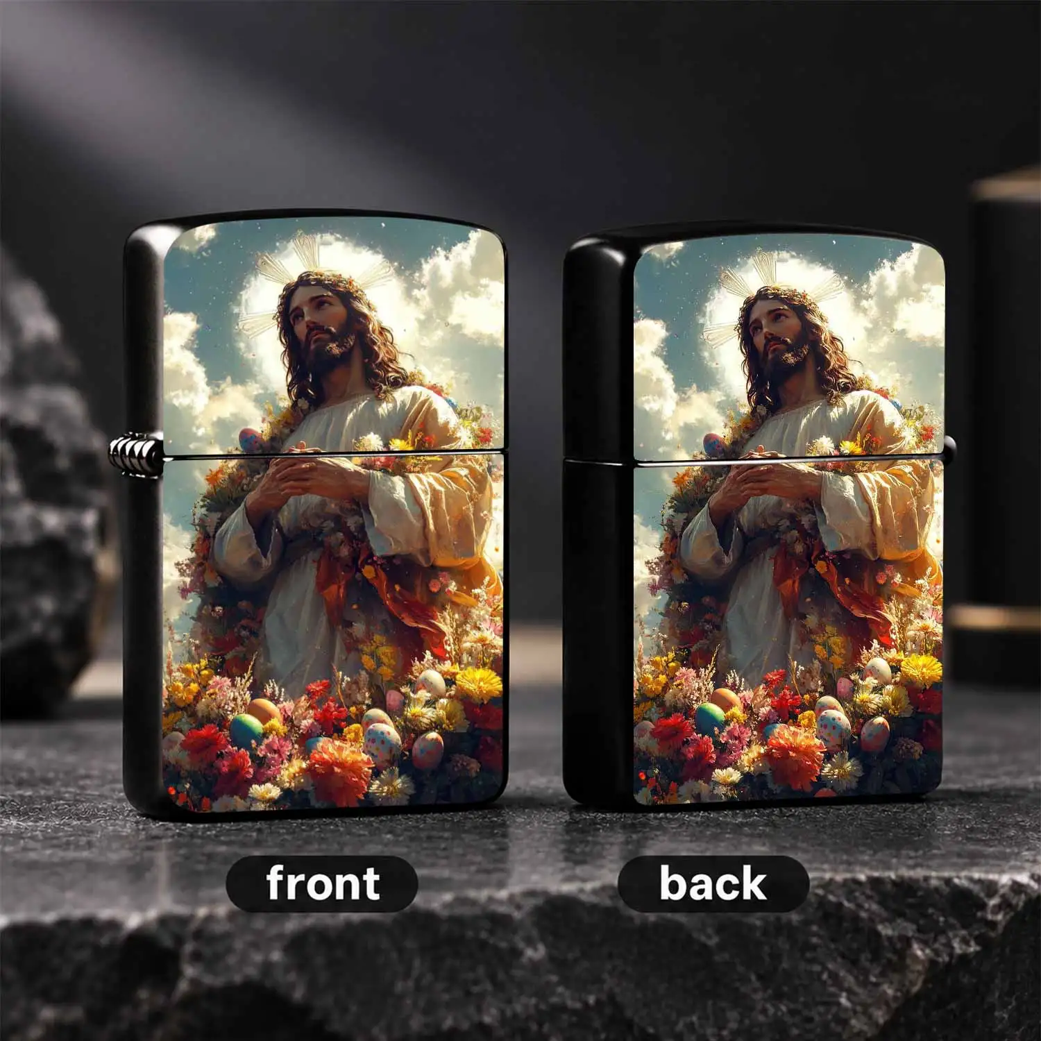 Vintage Jesus Easter Themed Windproof, Painted Floral Colorful Eggs Print Portable , Aesthetic Cloud Glow Pattern Reliable Flame For Religious Believers, Easter Holiday Gift Daily Use Collectible Decor A Fun And Humorous Lighter