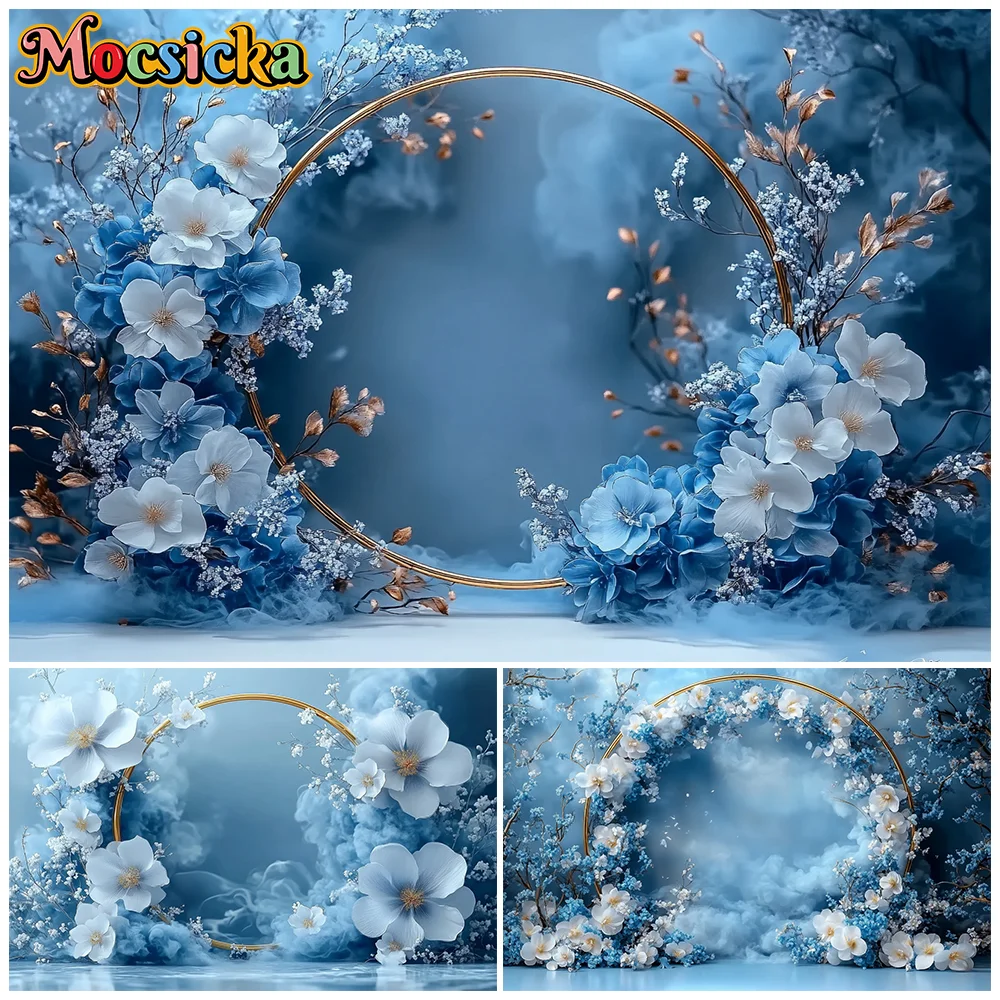 

Mocsicka Blue Flower Photography Backdrop Butterfly Mother's Day Decor Girl Woman Photo Background Birthday Wedding Party Banner
