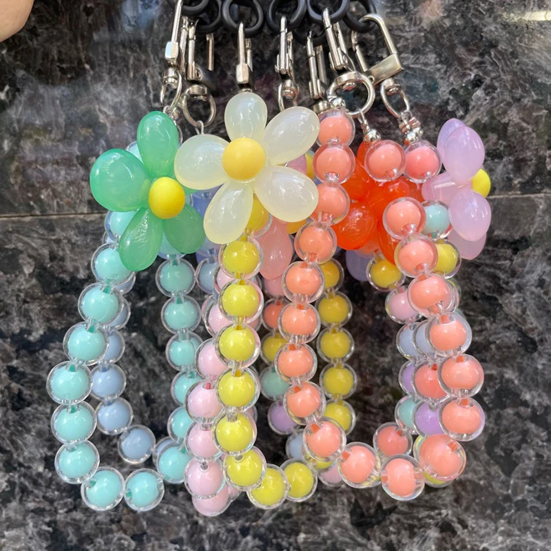 Lanyard voor mobiele telefoon Korte stijl polsband Kristallen bloem Handgemaakte kralenarmband Hanger Lanyard Anti-verloren brede polsbanden