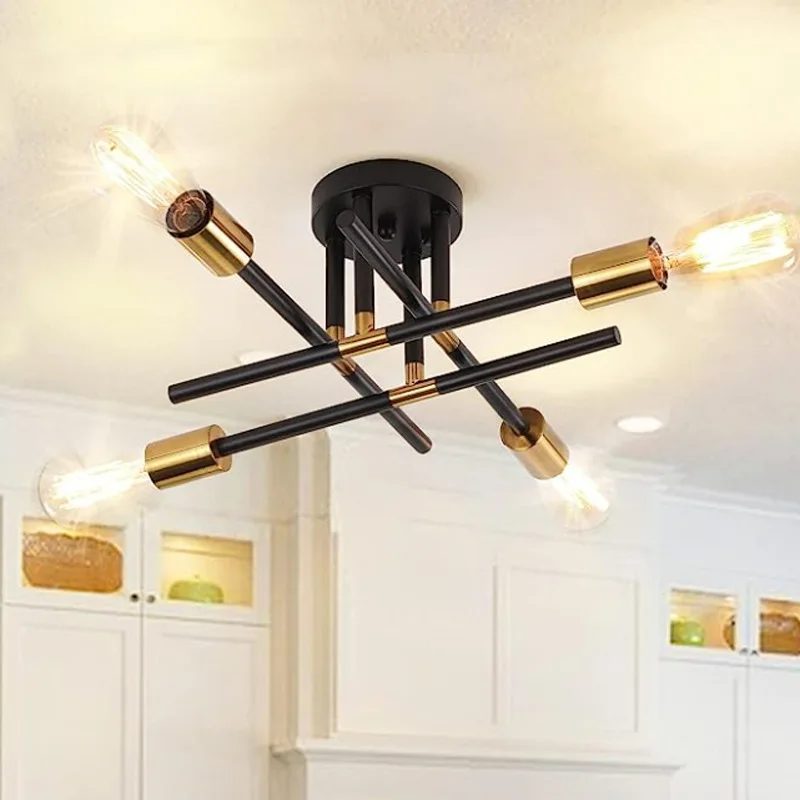 Ceiling Lamp with 4 Heads and 6 Heads, Retro Black Gold Farmhouse Lampara ,Dining Room, Bedroom, Kitchen Ceiling Light Fixture