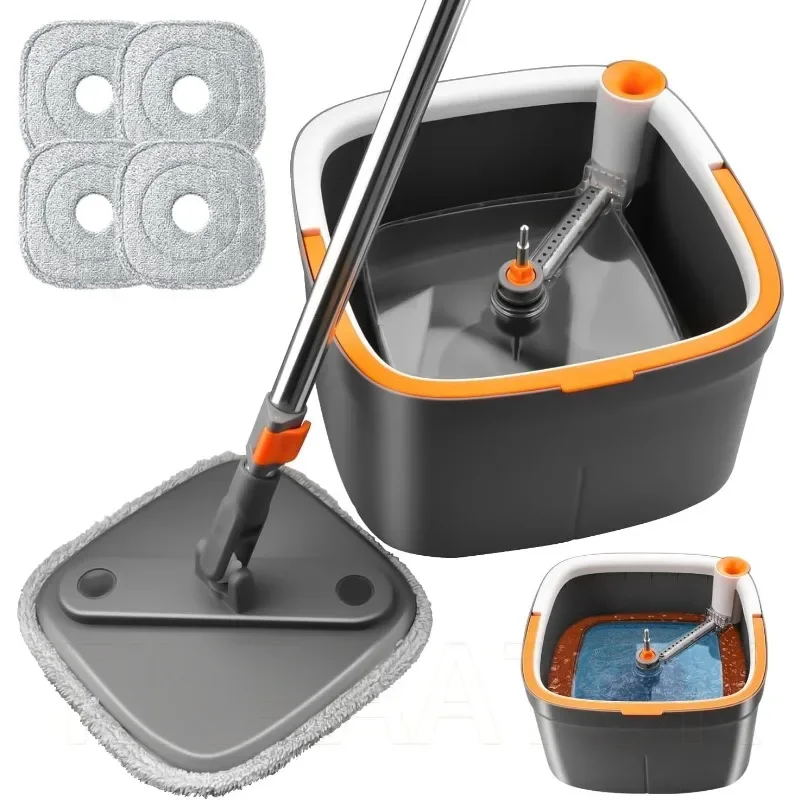 

Spin Mop and Bucket Set with 4 Replaceable Microfiber Mop Pads with Self Separation Dirty and Clean Water System