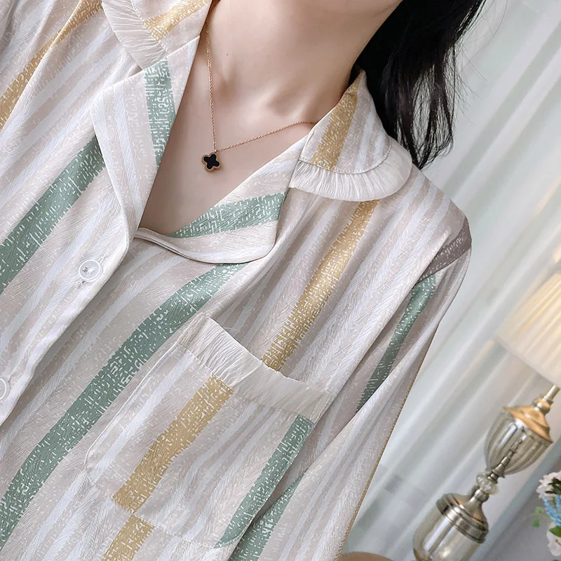Women Girl Korean Style Stripe Pajamas 26 Summer Autumn Herringbone Silk Long-sleeve Pants 2piece Set High-end Home Wear Nighty
