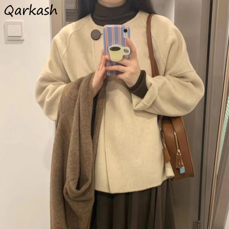 

Korean Style Blends Women Warm Plus Velvet Coats All-match Autumn Winter Students Clothing Simple Single Button Solid Loose New