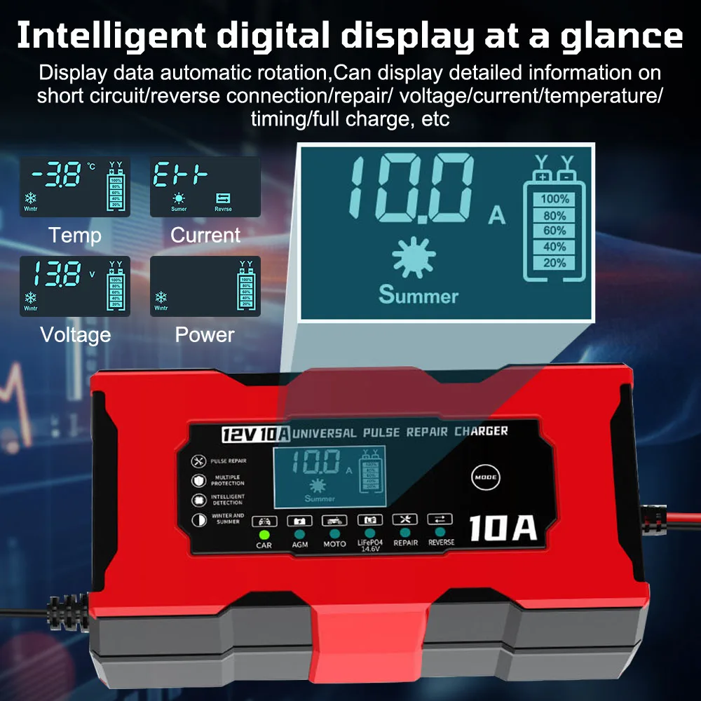 Ładowarki akumulatorów 10A 12V do akumulatorów AGM GEL kwasowo-ołowiowych / akumulatorów litowo-żelazowych 14,6V, inteligentna ładowarka impulsowa do naprawy akumulatorów samochodowych