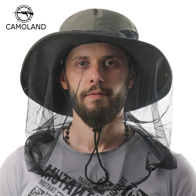 CAMOLAND Camouflage Male Fishing Hat Anti-Bee Insect Anti-Mosquito Net Breathable Hat Mesh Bucket Hat Outdoor Hat Sun Cap