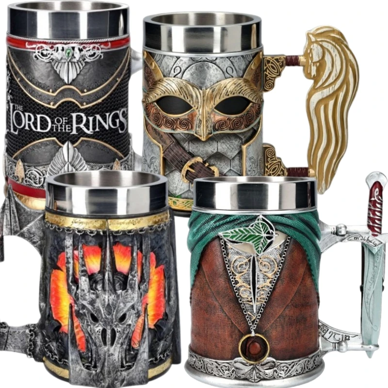 

Retro Beer Mug Pirate Swordsman Coffee Medieval Warrior Stainless Steel Handle Party Cup Decorations Craft Mask Ring New Gift