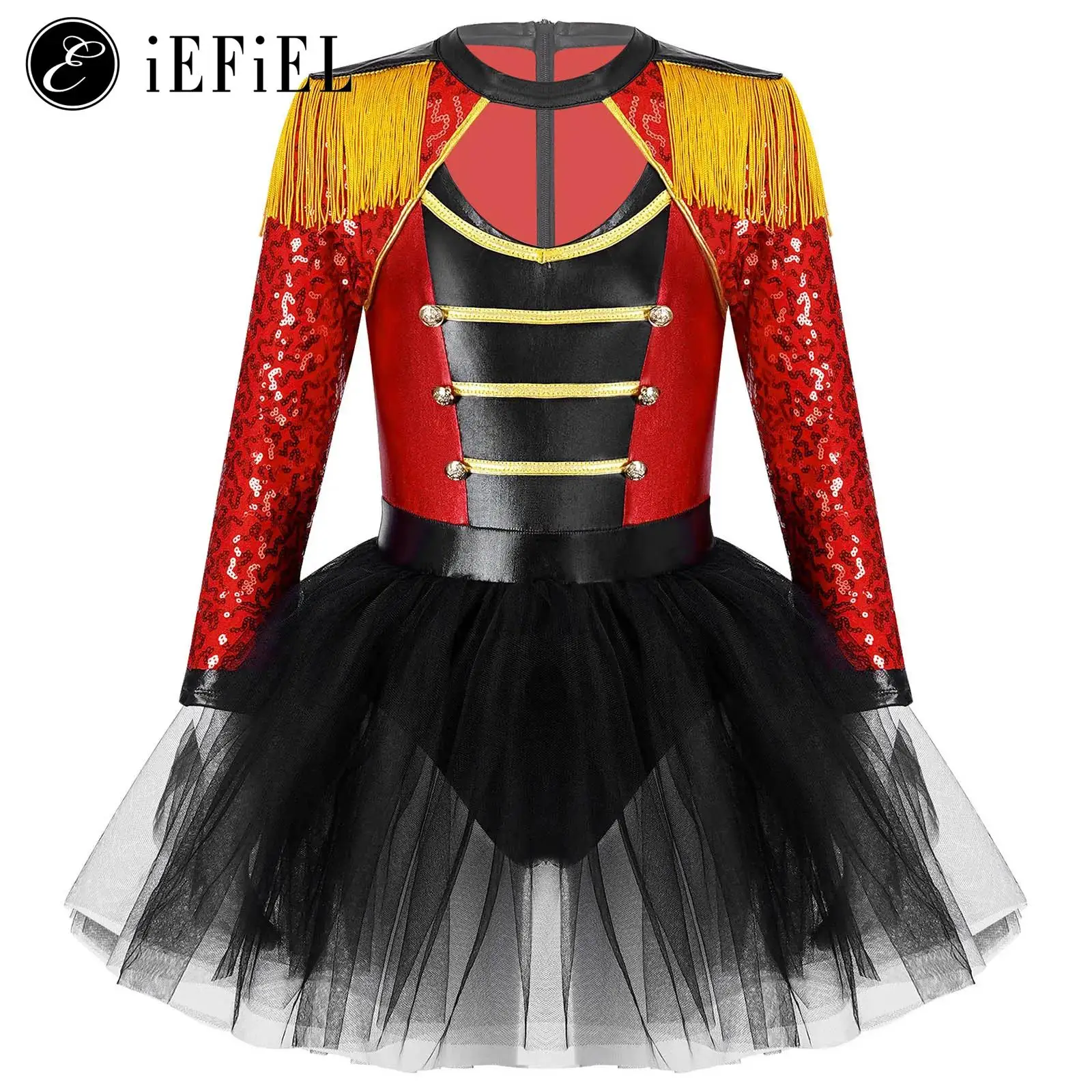 Girls Sequins Long Sleeve Tassel Dance Dress Skirted Leotard Circus Ringmaster Lion Tamer Performance Halloween Costume