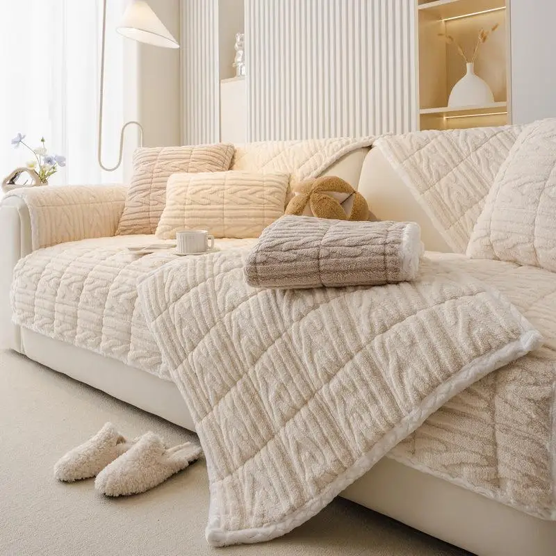 2024 New Plush Sofa Cushion Thickened Autumn Winter Style Anti-Slip Simple Modern Warm European Style Sofa Cover