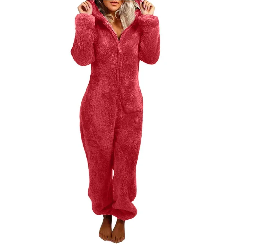Women Hooded Zipper Fleece Jumpsuit Full Length Thick Plush Loungewear Pajamas Autumn Winter
