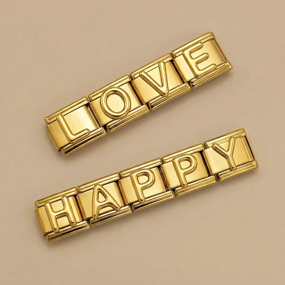 Klassische, komplett aus Edelstahl gefertigte 3D-Stereoskopische 26 A-Z Buchstabenserie Schmuckstücke, italienische Glieder, passend für 9mm Charms, Großpackung für Armbandherstellung DIY – Detail 3