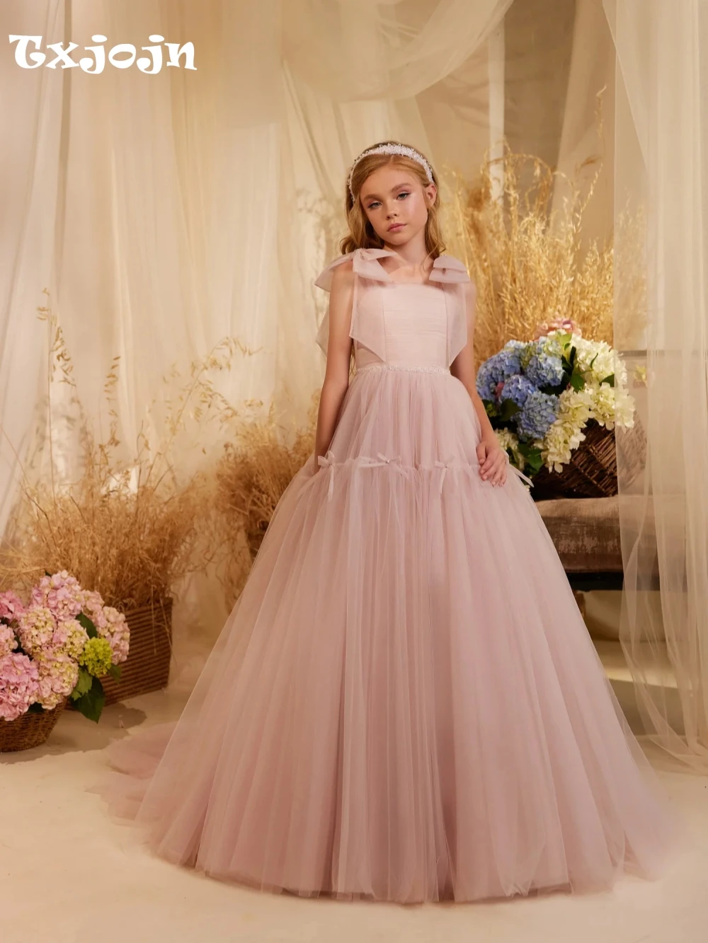 2026 Newest Pink Bow Tulle Long Girls Dresses Children's Day Performance Wear Sparkly Beaded A-line Kids Princess Gown On Sale