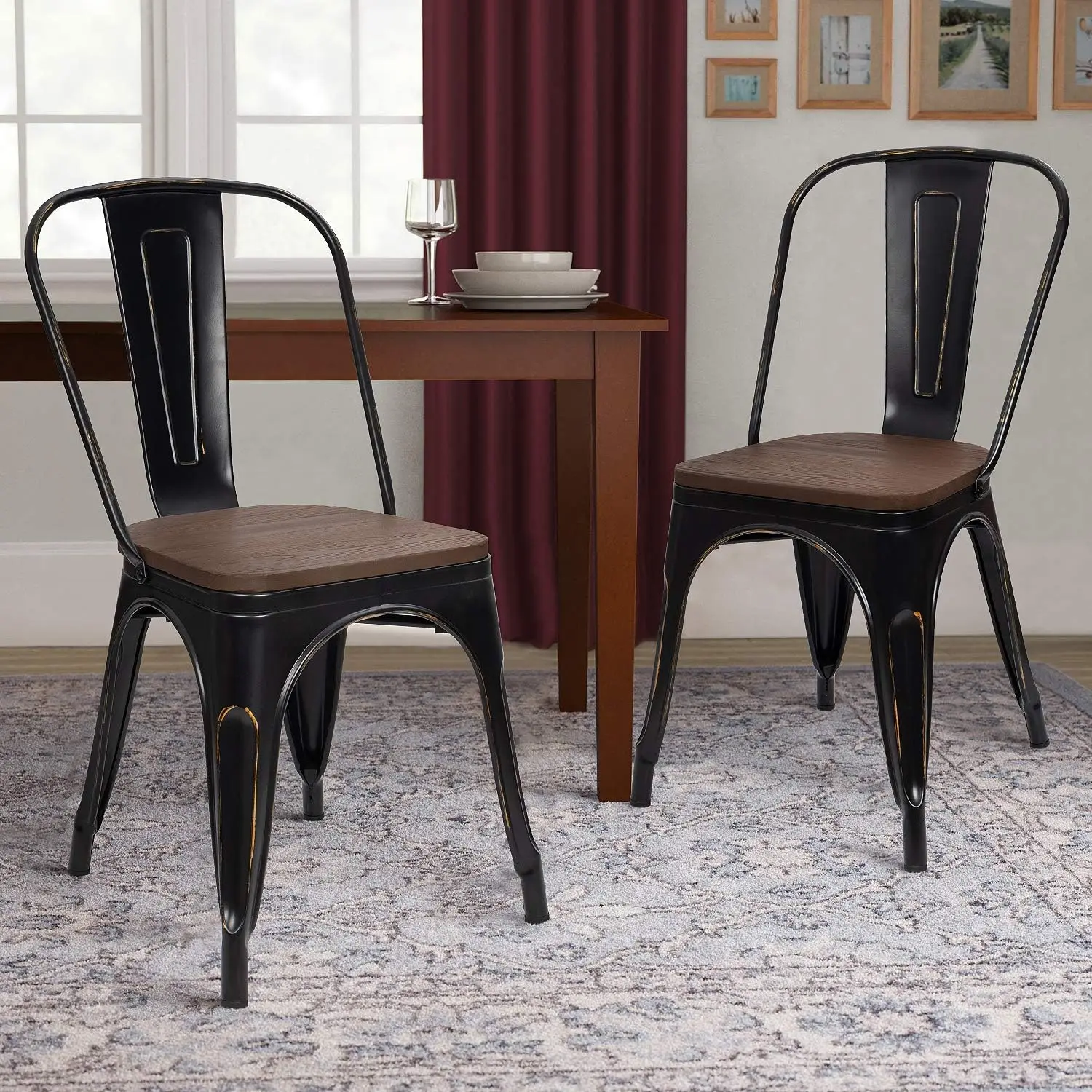 Metal Dining Chairs with Wood Seat, Indoor-Outdoor Use Stackable Chic Dining Bistro Cafe Side Metal Chairs Set