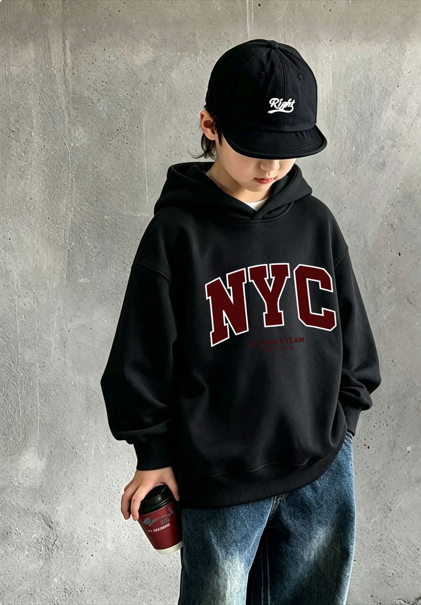 Unisex Kids Hooded Sweatshirt, NYC Vintage Large Letter Print Thick Pullover Hoodie, Autumn Winter Loose Casual Children Tops